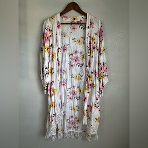 THE EDIT Floral Kimono Robe Coverup - White Pink Yellow Flowers Size Small